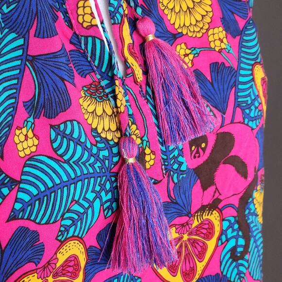 Rose + Olive Tropical Monkey Print Boho Tassel Flutter Sleeve Blouse Size L - Picture 5 of 8